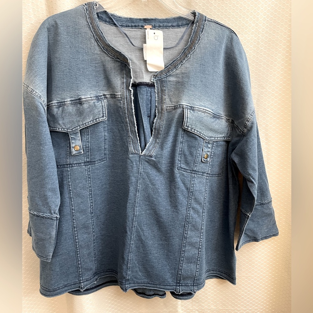 Free People shacket. Sections are cotton denim, others cotton jersey